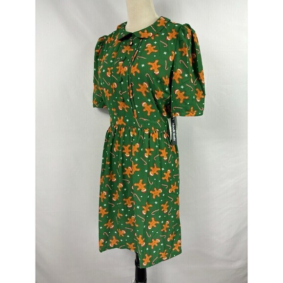 ModCloth Dress Green Brown Gingerbread Print 6 Peter Pan Collar Tags Still On - Picture 5 of 16